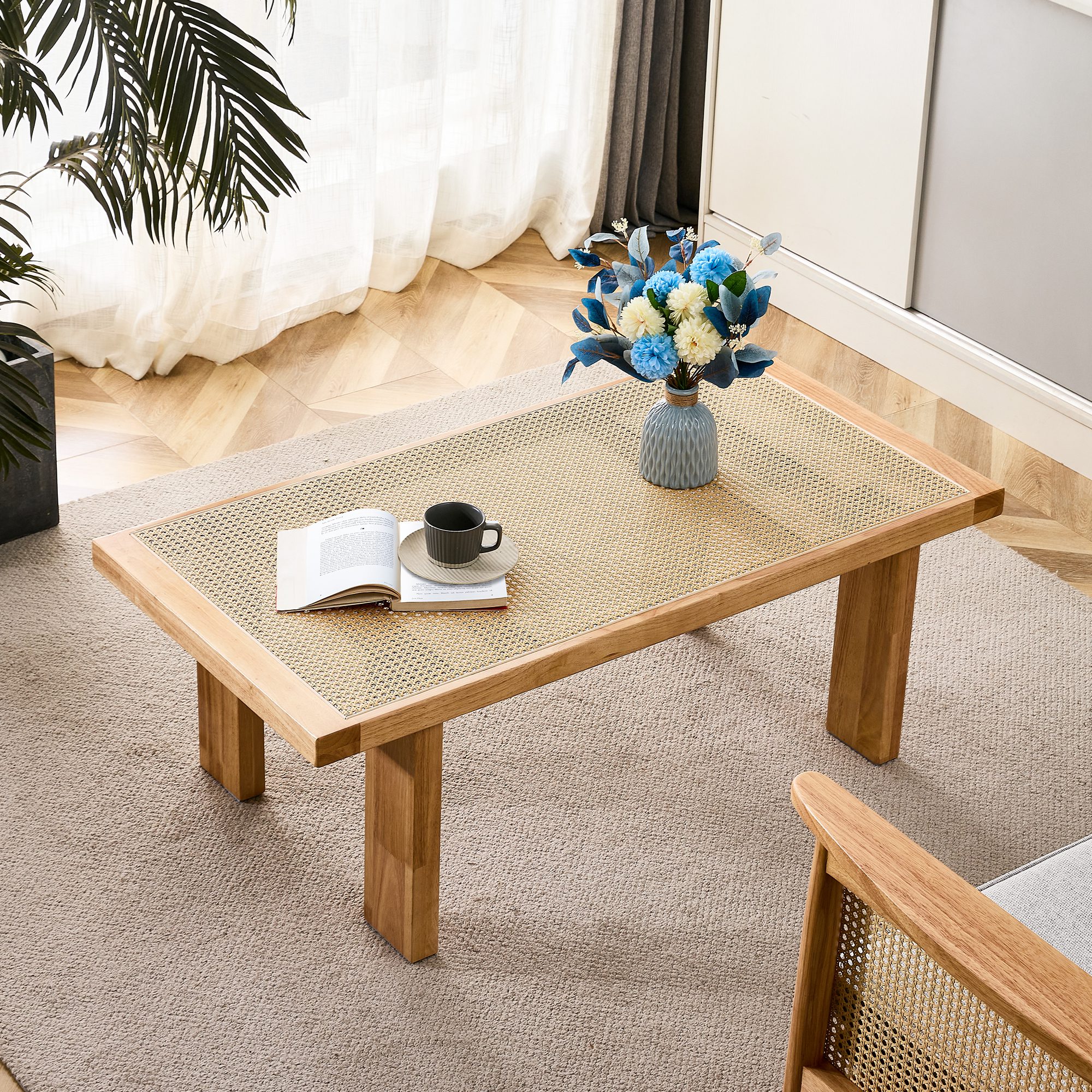 Rectangular Rattan Tabletop with Rubber Wooden Legs - Image 3
