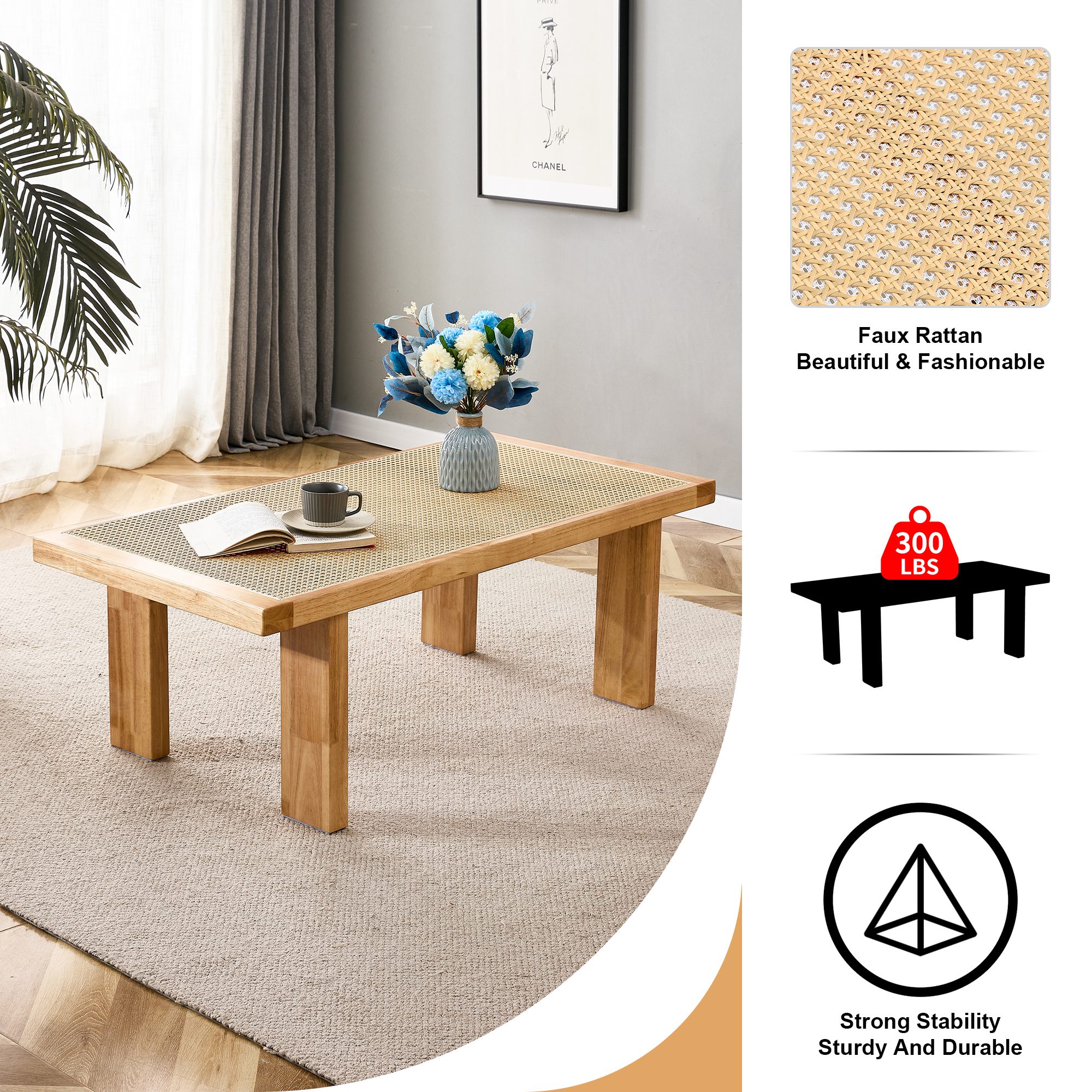 Rectangular Rattan Tabletop with Rubber Wooden Legs - Image 5