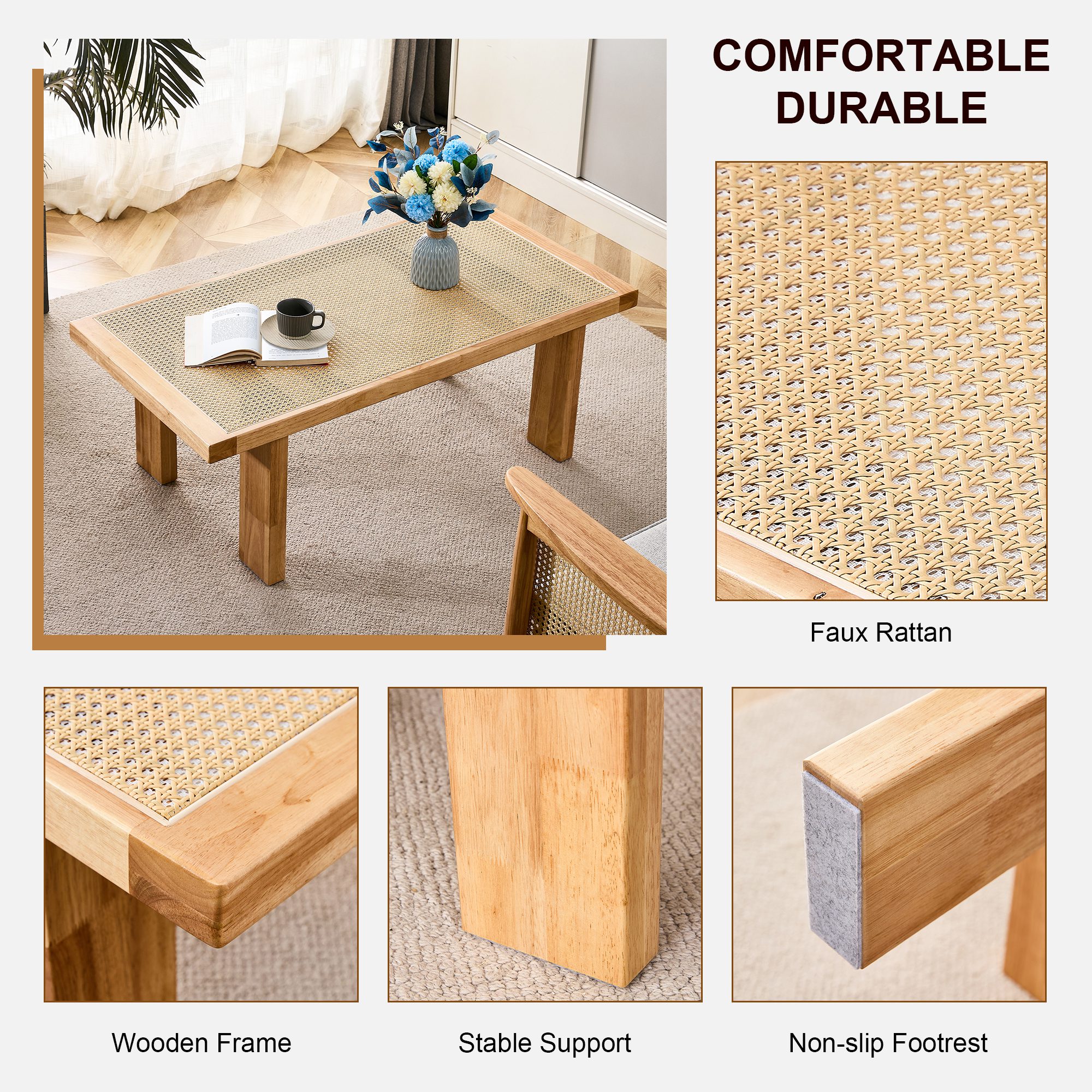Rectangular Rattan Tabletop with Rubber Wooden Legs - Image 6