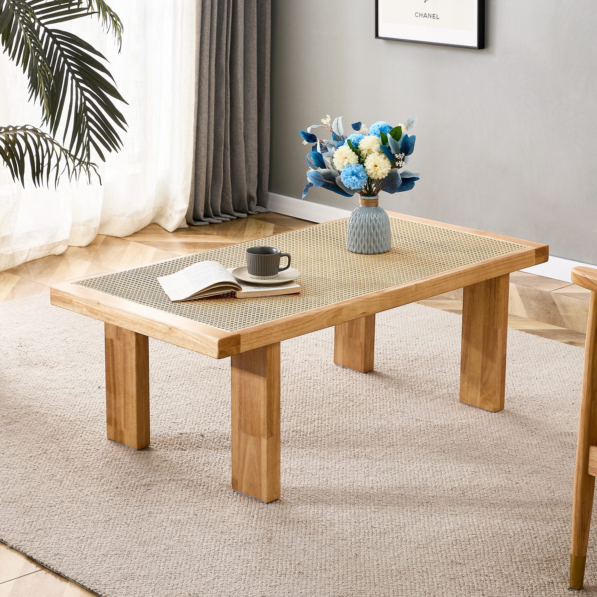Rectangular Rattan Tabletop with Rubber Wooden Legs - Image 2