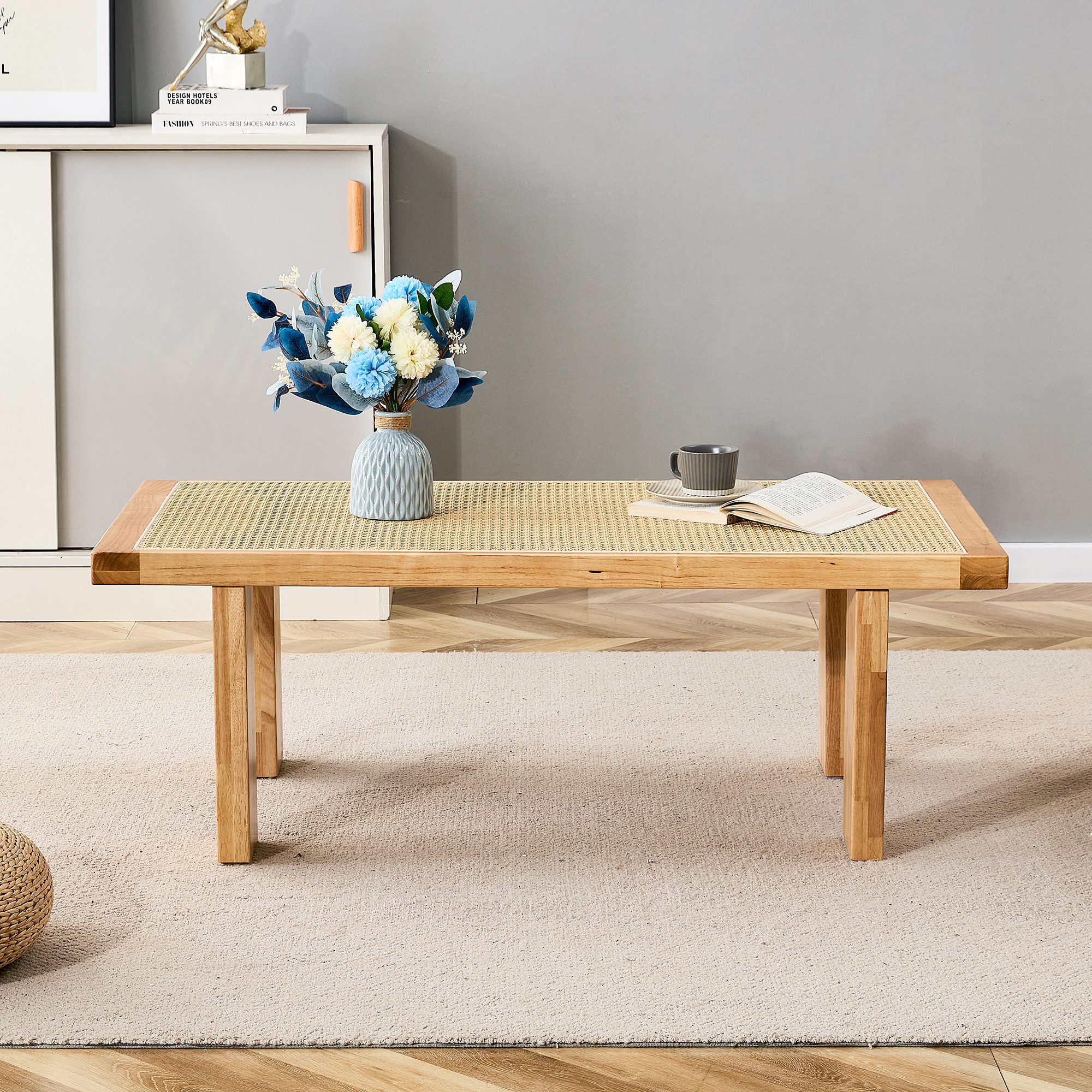Rectangular Rattan Tabletop with Rubber Wooden Legs - Image 4
