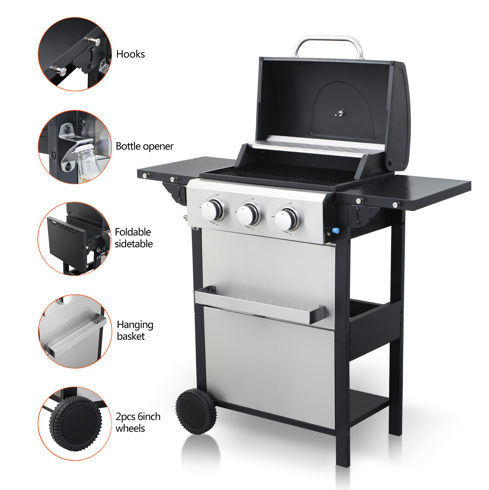3-Burner Propane Gas BBQ Grill, 25650BTU Output - Image 3