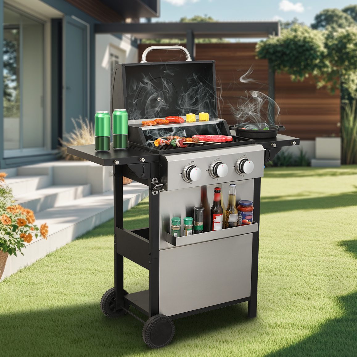 3-Burner Propane Gas BBQ Grill, 25650BTU Output