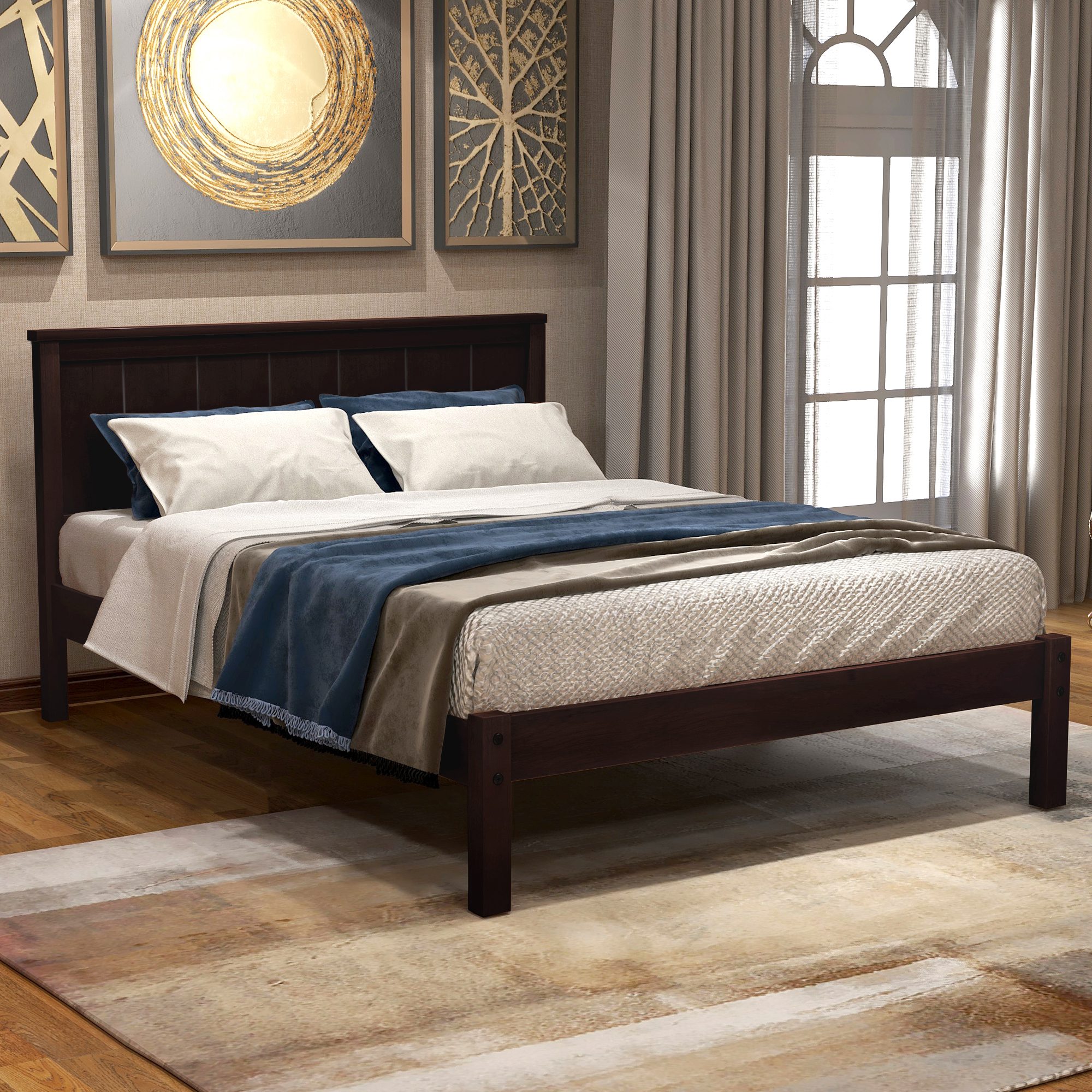 Platform Bed Frame with Headboard, Wood