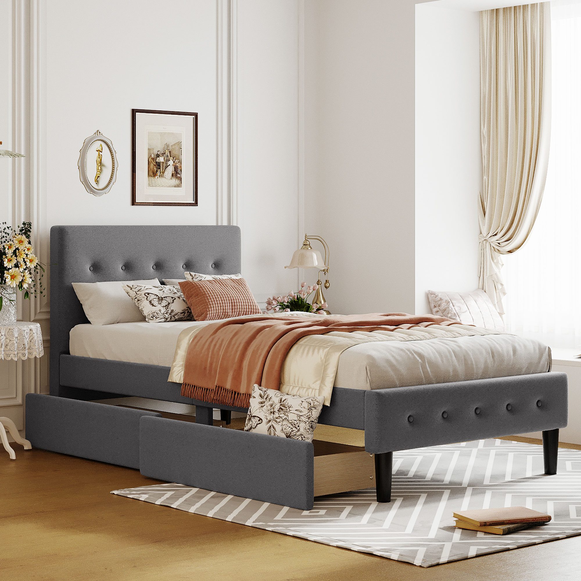 Twin Size Upholstered Platform Bed with