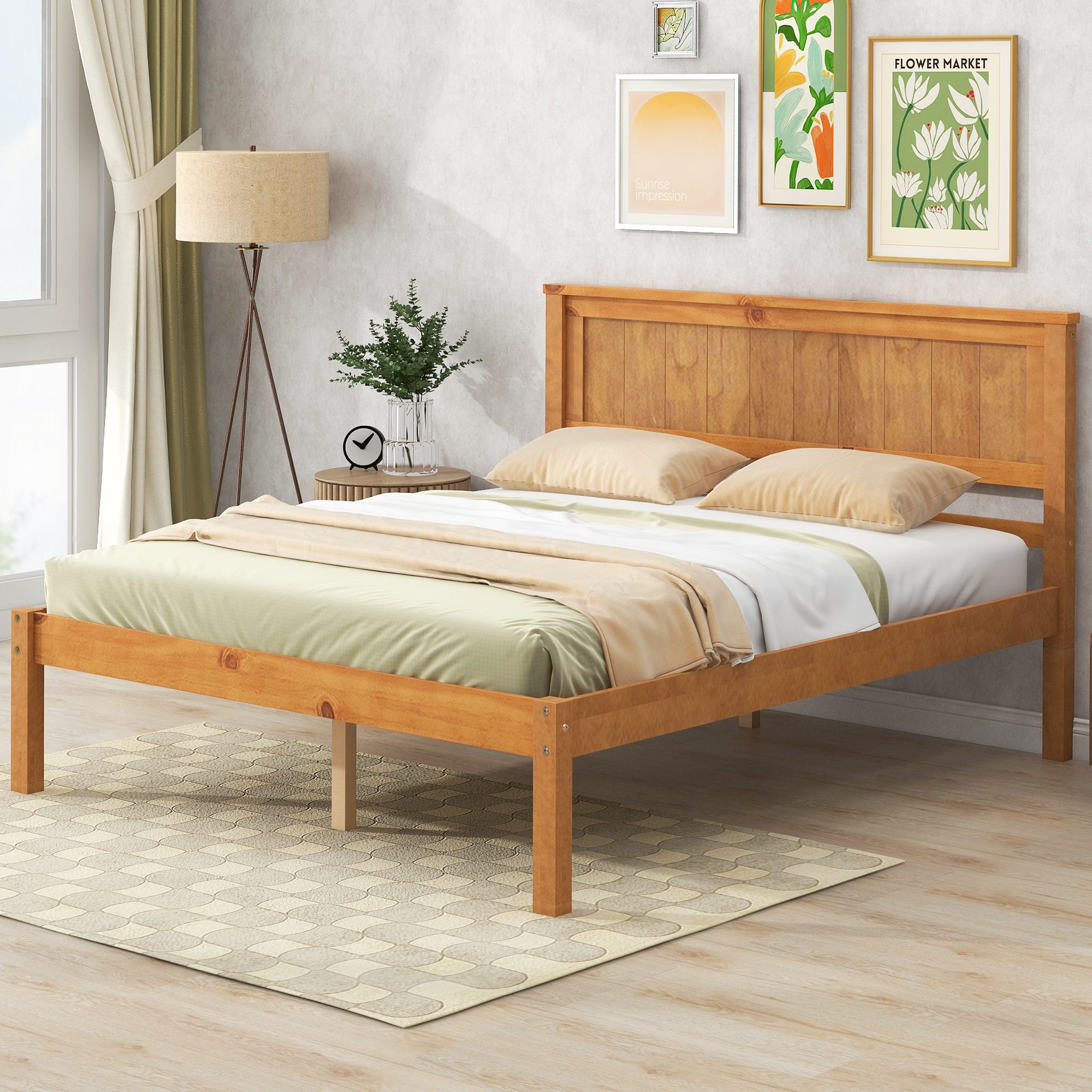 Platform Bed Frame with Headboard, Wood