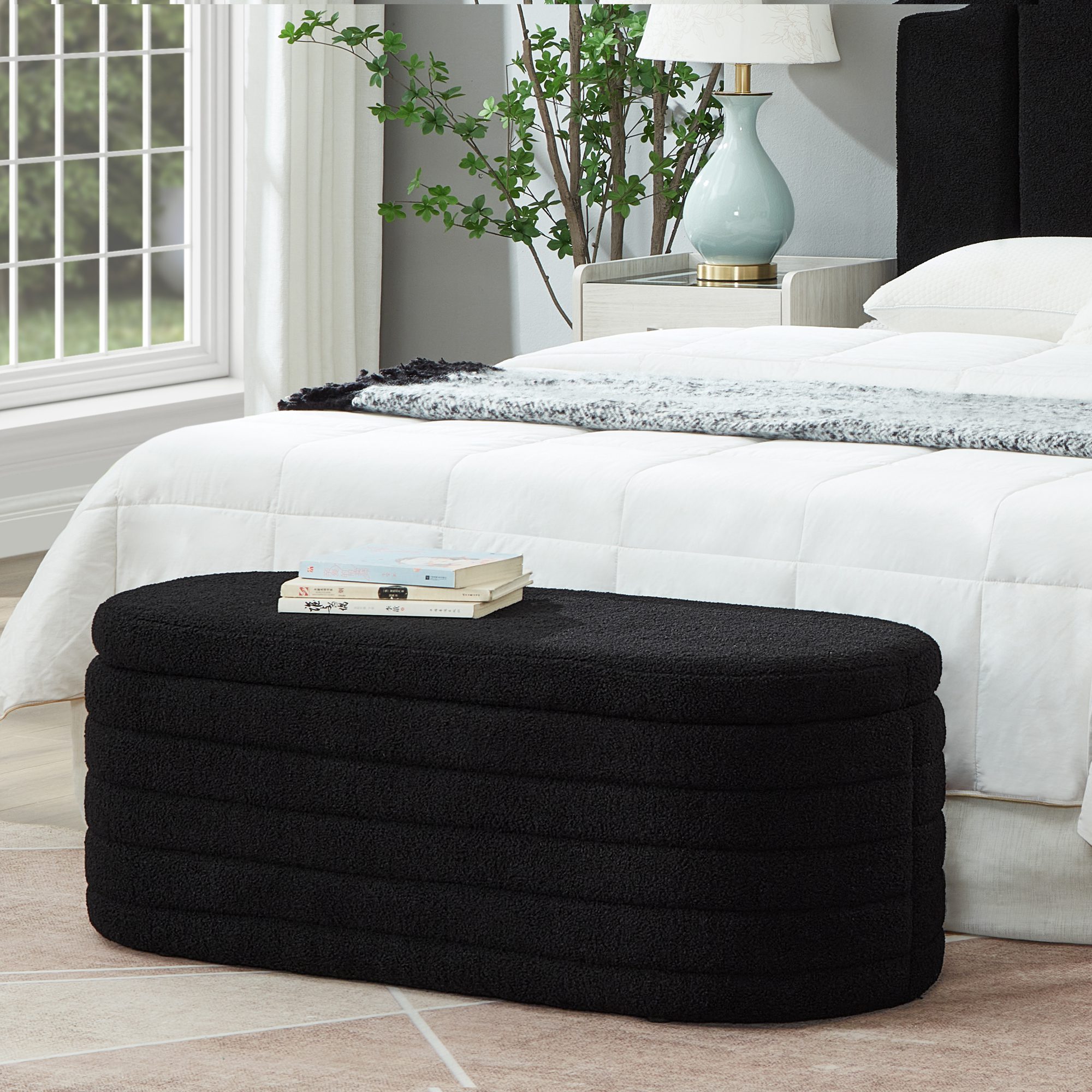 Modern Oval Storage Ottoman Bench, Upholstered