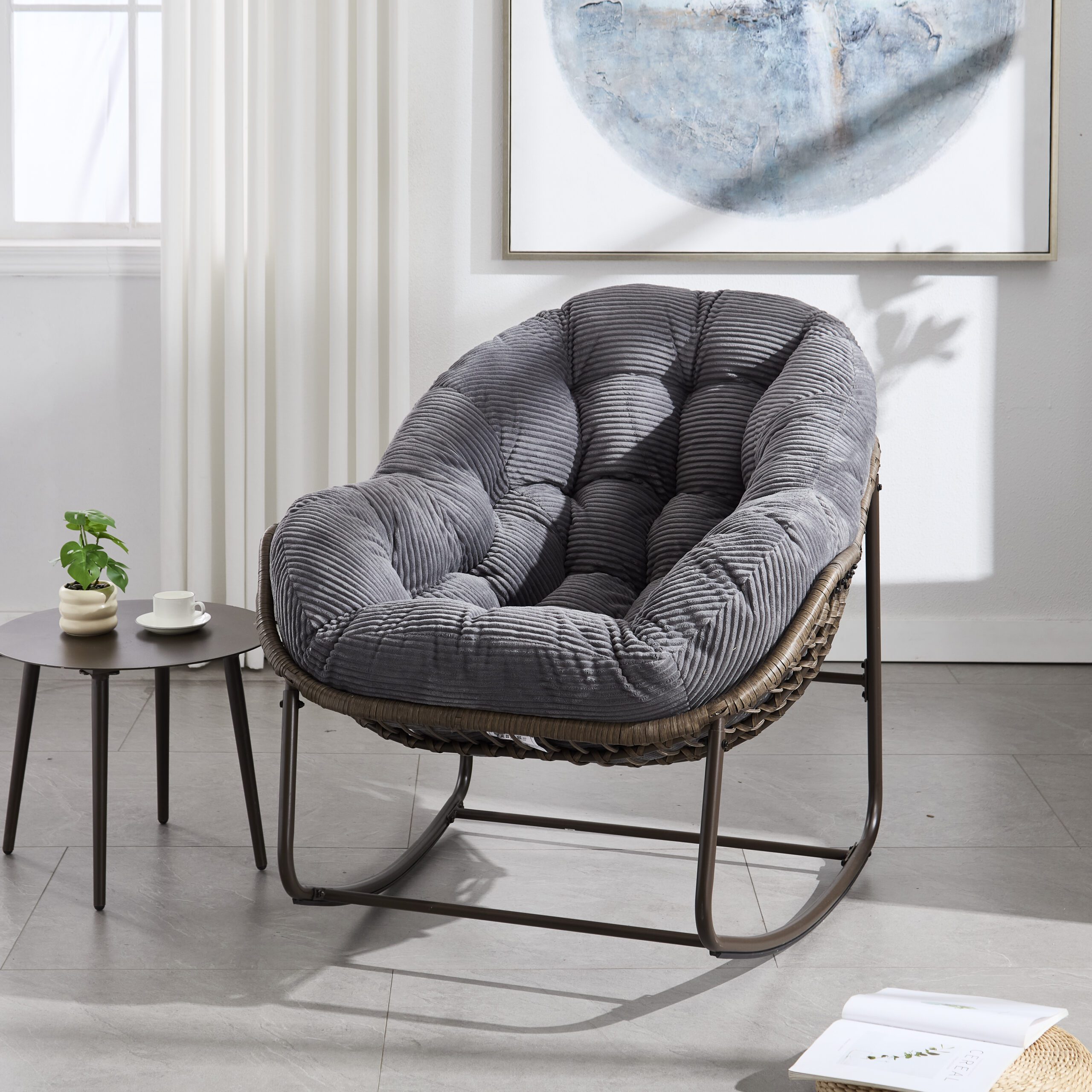 Outdoor Rattan Rocking Chair,Padded Cushion Rocker