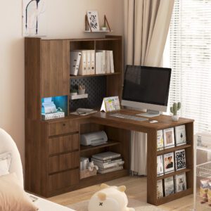 L Shaped Desk,Computer Desk with Drawers,Bookshelf,with