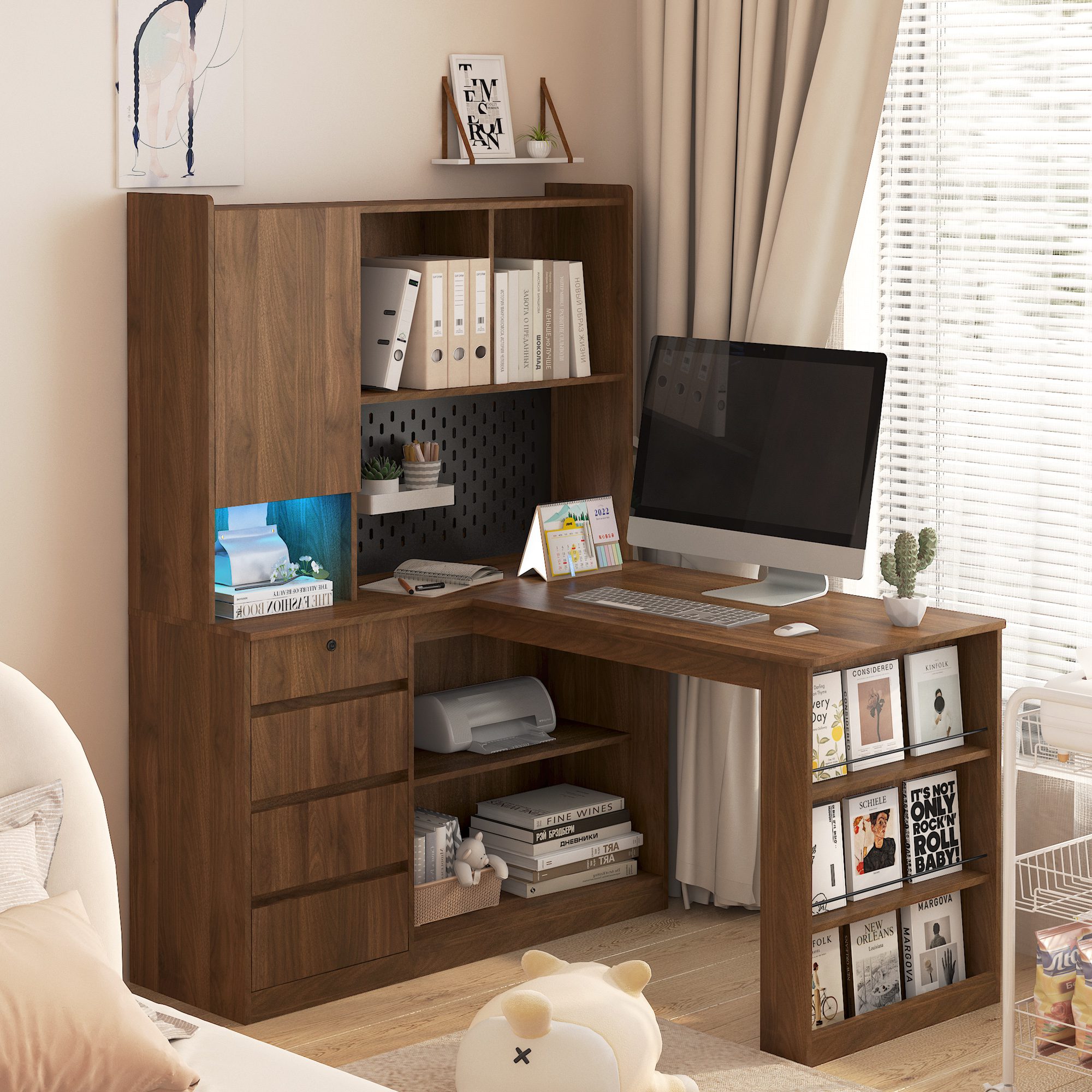 L Shaped Desk,Computer Desk with Drawers,Bookshelf,with